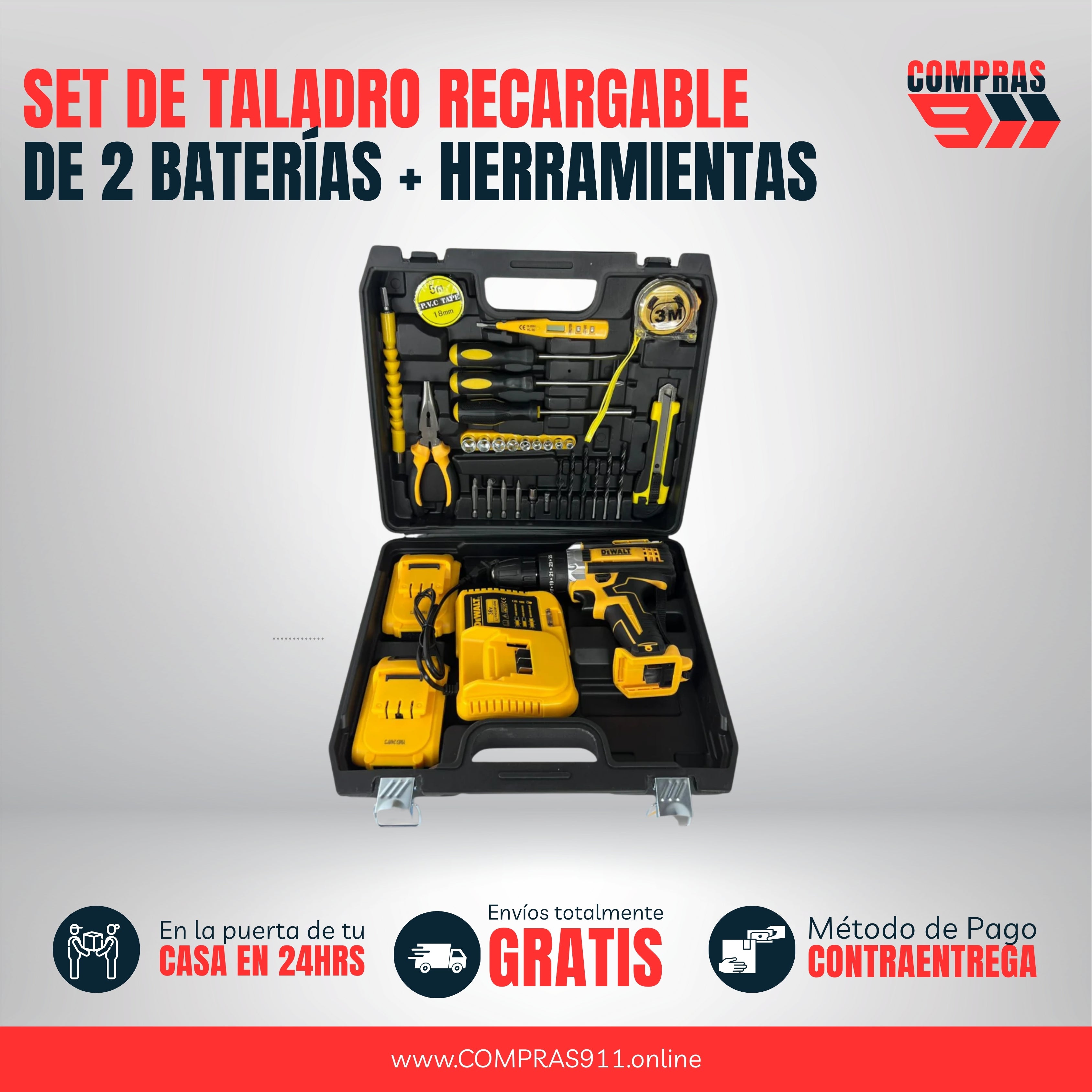 KIT de Taladro Recargable con 2 Baterías + 12 Herramientas | ¡Resuelve cualquier trabajo!