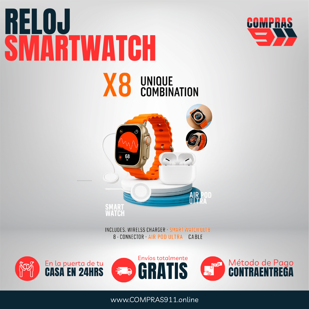 💥 Smartwatch + audífonos + cargador – ¡Todo en un solo combo!